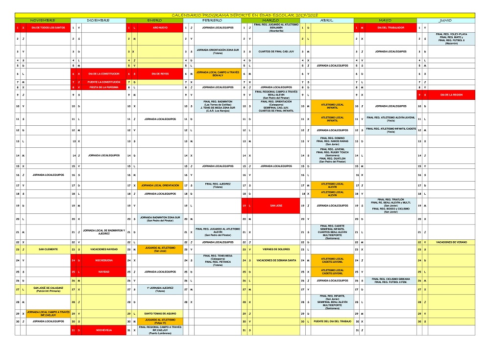 Calendario del programa del deporte en edad escolar 2017-2018