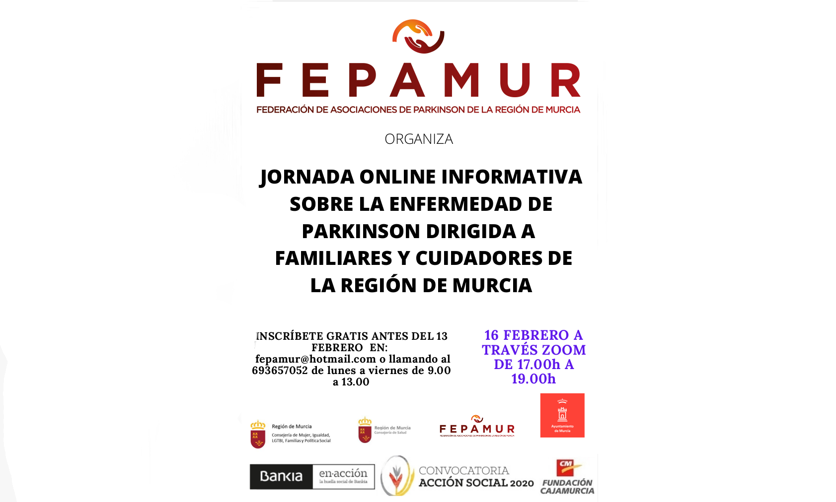 Jornada online informativa sobre la enfermedad de Parkinson dirigida a familiares y cuidadores de la Región de Murcia.